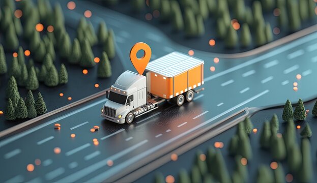 Logistics tracking of a cargo truck on a highway.  3D visualization of delivery route