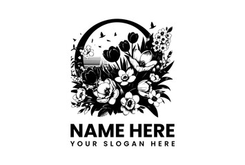 Monochrome Floral Bouquet Illustration. Minimalist Flower Art