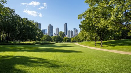 A beautiful park with fresh green grass, trees, and a city skyline under a clear blue sky.