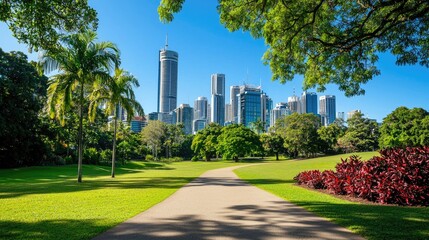 Obraz premium A beautiful park with fresh green grass, trees, and a city skyline under a clear blue sky.