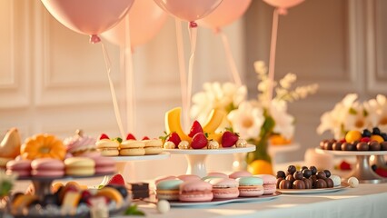 Naklejka premium Sweet Table with Fruits and Desserts, Decorated with a Few Pink Balloons