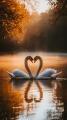 Swans Create a Heart Shape While Gliding on a Misty Lake at Sunrise