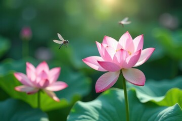 Obraz premium Pastel lotus flowers, dragonflies in flight, soft focus , shadow, picturesque, flight