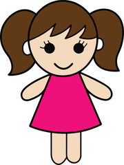 Cute Girl Cartoon: A charming cartoon illustration of a girl with brown pigtails, a smiling face, and a vibrant pink dress.