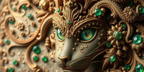 Fototapeta premium Ornate Golden Cat Sculpture with Emerald Gems Close up