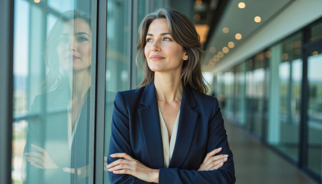 Modern portrait headshot of a friendly ceo executive business worker: A confident businesswoman with graying hair stands with her arms crossed, gazing thoughtfully out of a large window in a modern 