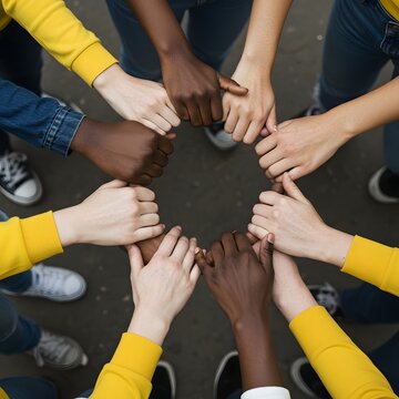 Group of people holding hands in unity and teamwork