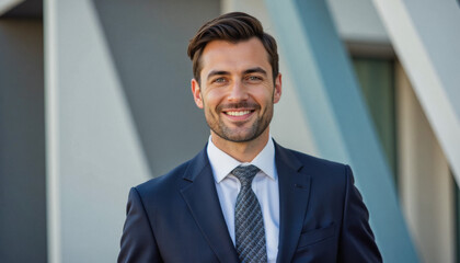 Modern portrait headshot of a friendly ceo executive business worker: A smiling, well-dressed man in a suit confidently poses outdoors in front of a modern architectural building.