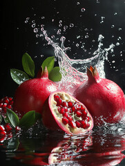 Whole and Halved Pomegranates Splashing in Water with Leaves on Dark Background