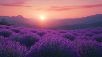 A serene lavender field at sunset with purple hues.