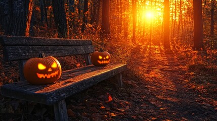 Haunting forest sunset with glowing jack o  lantern eyes beside a wooden bench on halloween night