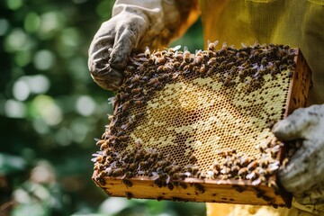 A beekeeper holding a wax frame over a beehive