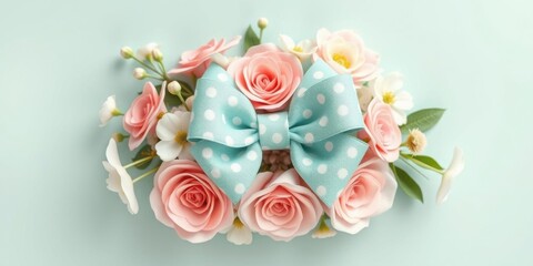 Pastel Pink Roses Aqua Polka Dot Bow Floral Arrangement