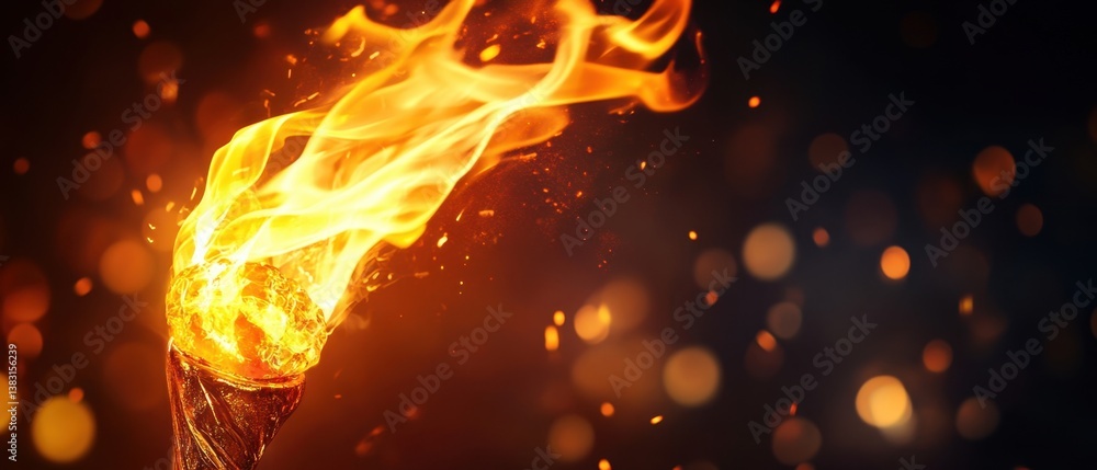 Poster dynamic flame torch with intense fire energy and bokeh lights on dark background for sports and comp