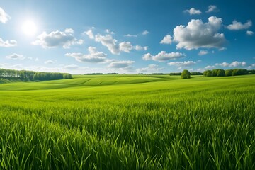 Obraz premium Idyllic Green Fields Under a Bright Blue Sky with Fluffy Clouds