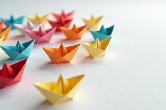 Collection of colorful paper boats on white surface, folded, origami