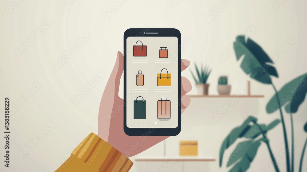 Poster Hand holding smartphone while browsing an online store with modern user interface for an enjoyable shopping experience at home