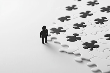 A solitary figure stands before a partially assembled puzzle.  A dichotomy of black and white pieces lies before the individual
