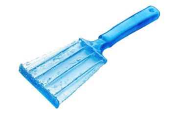 A vibrant blue ice scraper resting on a clean surface after a winter frost, ready for the next use