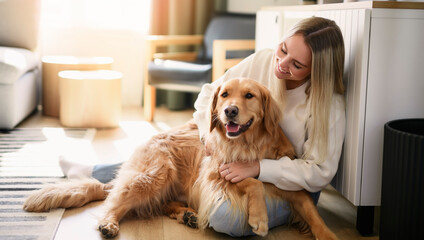 Portrait of a young woman on the livingroom with golden retriever dog indoors at home.