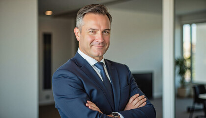 Modern portrait headshot of a friendly ceo executive business worker: A confident, middle-aged businessman with graying hair stands with his arms crossed, wearing a navy suit and tie in a modern off