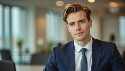 Fototapeta premium Modern portrait headshot of a friendly ceo executive business worker: A young, fair-skinned businessman in a dark suit and tie confidently looks towards the viewer within a modern office setting.