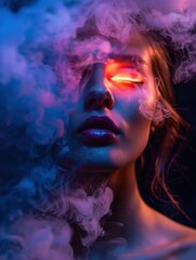 Woman in Smoke, Neon Eyes, Studio Portrait