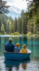 Fishing Together on a Calm Lake Surrounded by Lush Greenery in the Early Morning