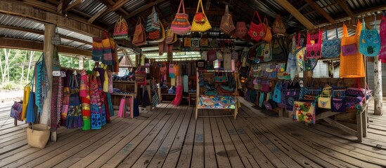 Fototapeta premium Vibrant collection of handmade bags and textiles displayed inside a rustic shop