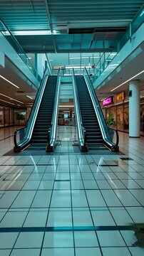 Nostalgic Vertical Video: Abandoned Shopping Mall with Escalators, Pink Sale Sign, and Teal Lights