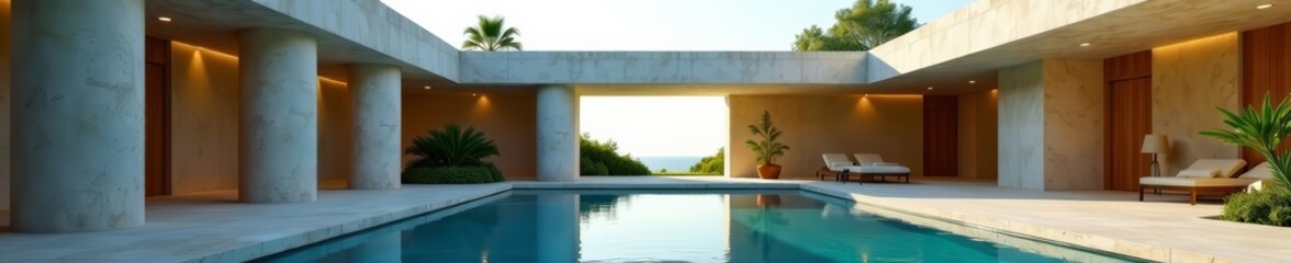 Fototapeta premium Contemporary architecture structure featuring round columns and an open passage next to a tranquil pool, columns, outdoor, building
