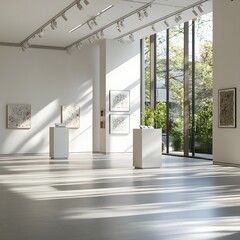 Sunlit Modern Art Gallery Interior with Abstract Paintings and Pedestals