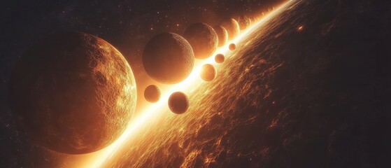 Ethereal cosmic vista showcasing a celestial alignment of fiery planets in a radiant space landscape evoking wonder and exploration