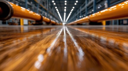 High-tech industrial factory featuring polished stainless steel pipes on a gleaming floor during daylight