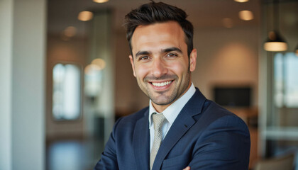 Fototapeta premium Modern portrait headshot of a friendly ceo executive business worker: A smiling businessman with dark hair and a neatly groomed beard confidently poses in a modern office setting, wearing a dark sui