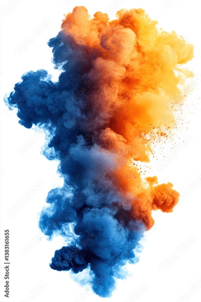 Poster dynamic burst of vibrant blue and orange smoke against a clean white background creating a captivati