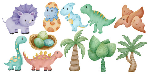 Watercolor Cute Dinosaur Illustration Set Hand Painted Baby Dino Triceratops T-Rex Stegosaurus Dino Egg Palm Tree Tropical Jungle Prehistoric Animal Art © Je