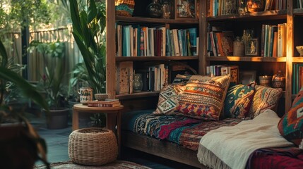 Cozy daybed with pillows and books, plants in a sunny reading nook. Relaxation