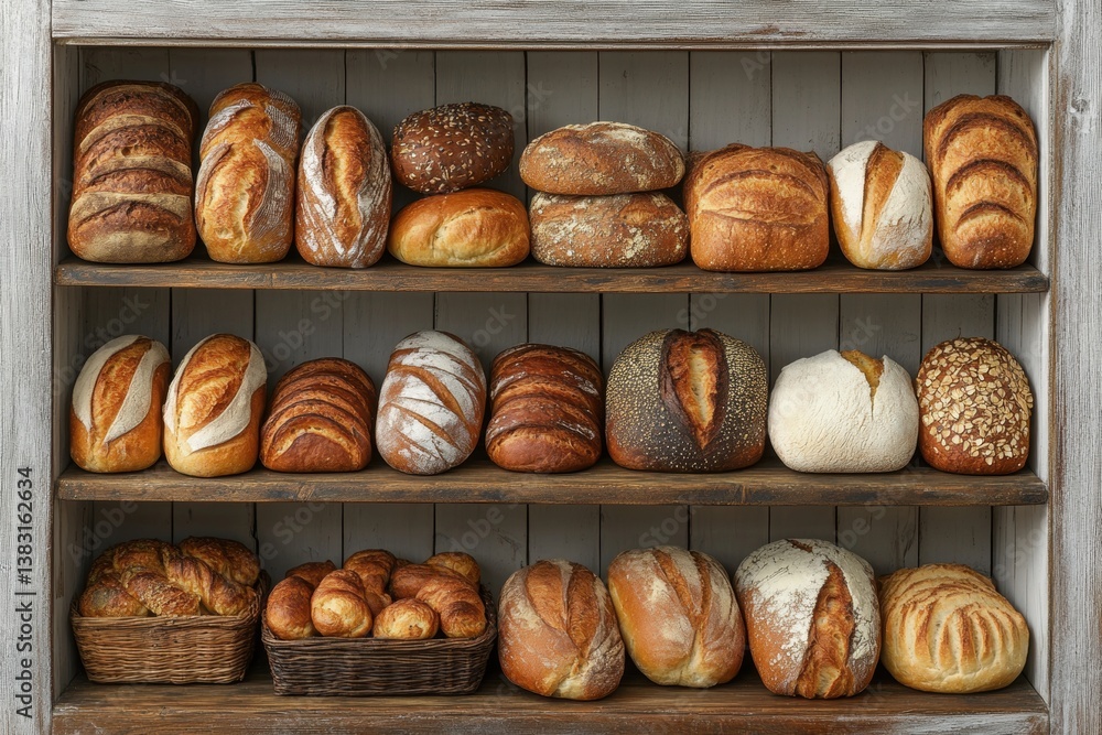Poster rustic bakery display with assorted artisan breads on wooden shelves capturing warmth and freshness 