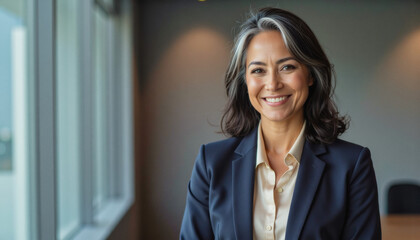 Fototapeta premium Modern portrait headshot of a friendly ceo executive business worker: A confident businesswoman with graying hair smiles warmly at the camera while wearing a navy blazer and cream-colored blouse in 