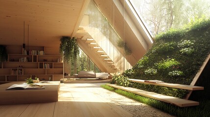 A modern interior featuring wooden elements, large windows, and indoor plants, creating a serene, nature-inspired living space.