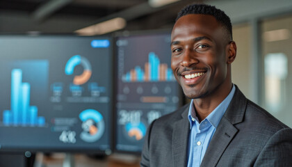 Modern portrait headshot of a friendly ceo executive business worker: A smiling young Black man in a suit stands confidently in front of a bank of monitors displaying financial data.