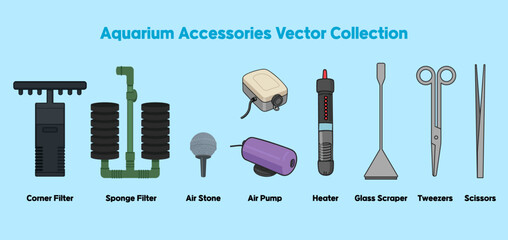 Flat Vector Icons of Aquarium Supplies and Maintenance Tools
