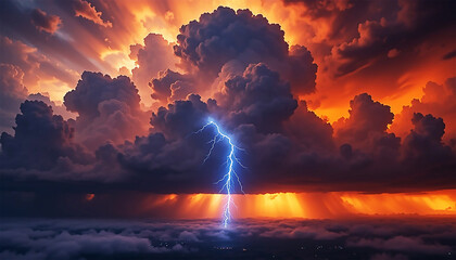 Dramatic Lightning Strike Over Fiery Storm Clouds