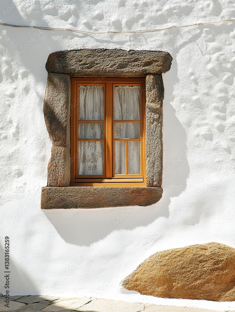 Poster rustic stone window frame on whitewashed wall in charming village with soft light and shadow play ca