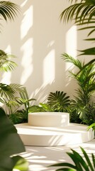 Minimalist podium with tropical foliage