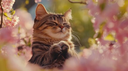 A content cat relaxing in a garden of pink blossoms enjoys a peaceful spring moment