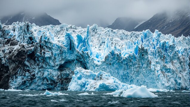 Powerful glacier calving into an icy sea with huge ice chunks falling set against a stormy sky