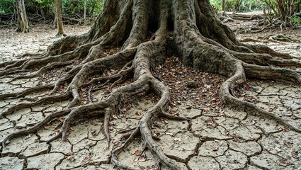 Majestic tree roots emerge from dry earth in a forgotten forest showcasing resilience in a harsh environment