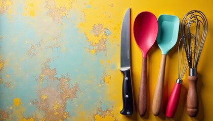 Set of kitchen utensils including knife, whisk, ladle, spatula, utensils, chef, culinary